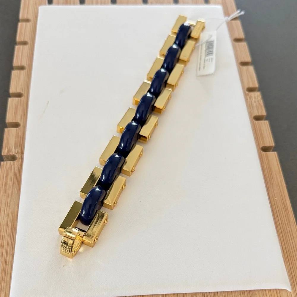 Tory Burch NWT Gold and Blue inlay enamel Chunky Bracelet